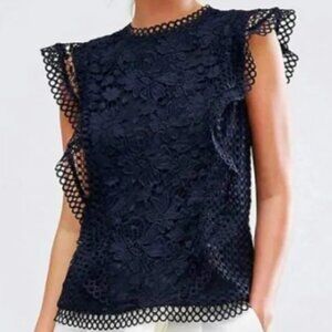 Ted Baker | Zenia Ruffle and Lace Blue Sleeveless Top | Womens Size 8 / Medium